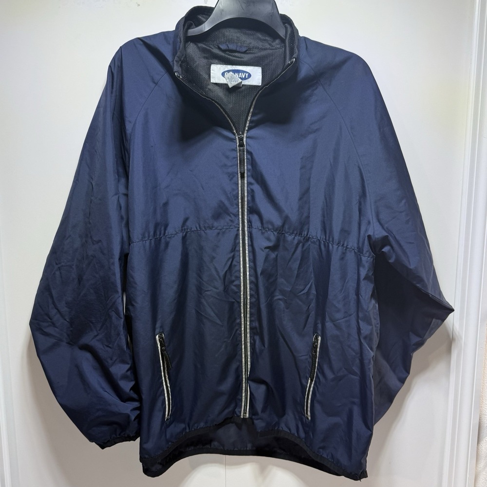 Old Navy Men's Navy Blue Lined Windbreaker Jacket Size XL Full Zip Pockets Notes